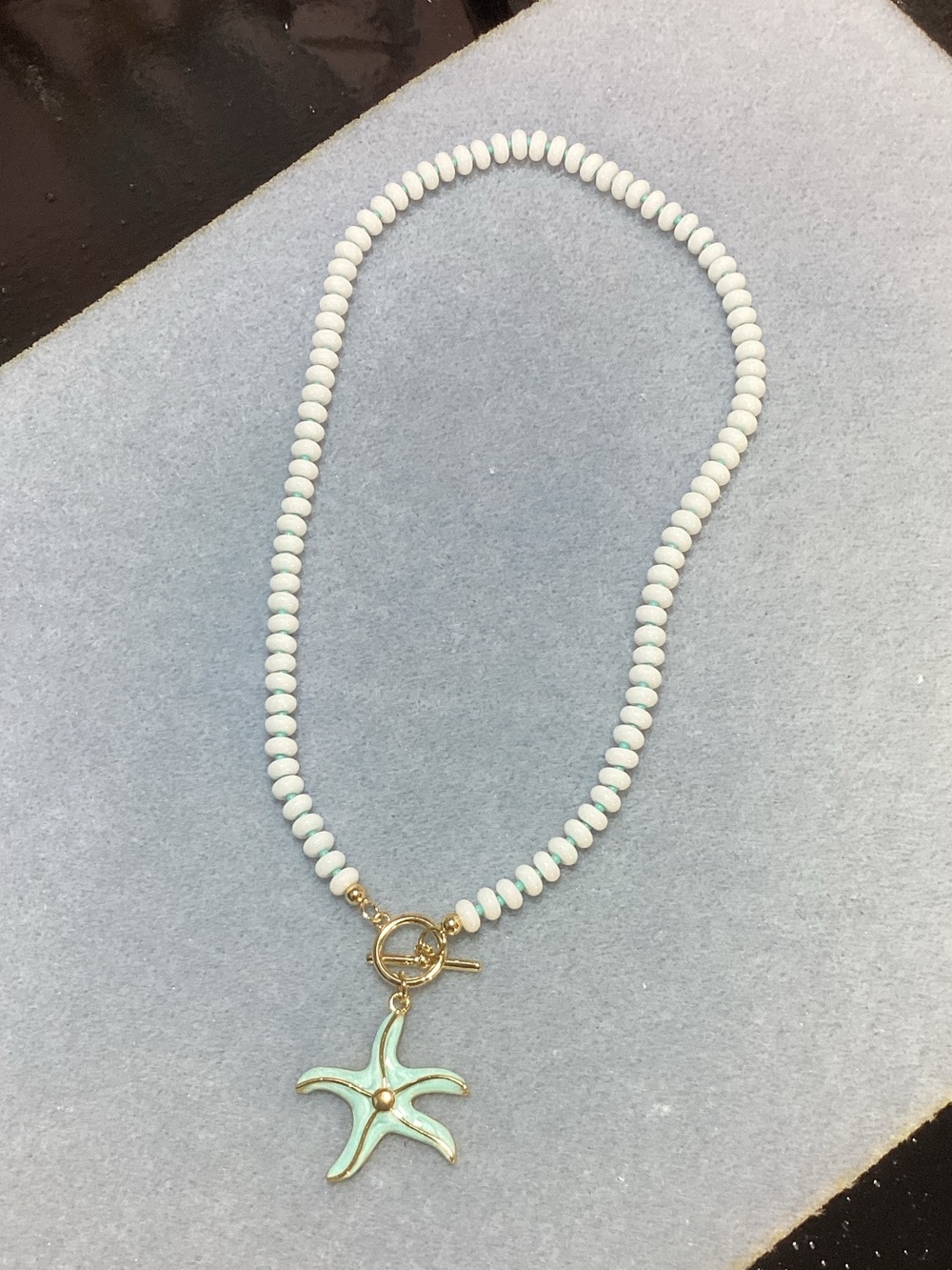 Gold Plates Starfish Charm White Bead Necklace
